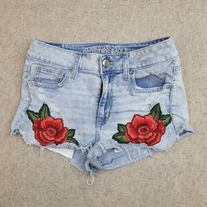 American Eagle Shorts‎ Womens 4 Blue Hi-Rise Shortie Super Stretch Embroidered